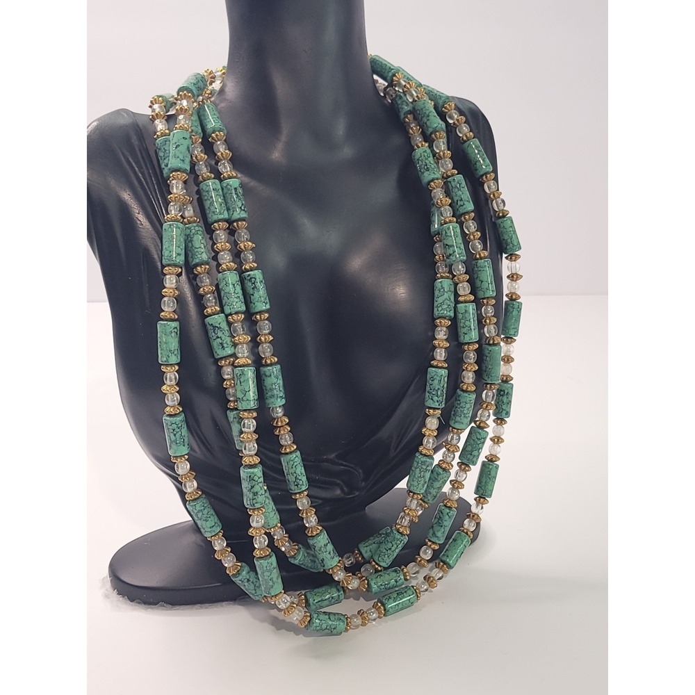 Green Beaded Long Opera Necklace Black Matrix Gold Tone Boho Statement